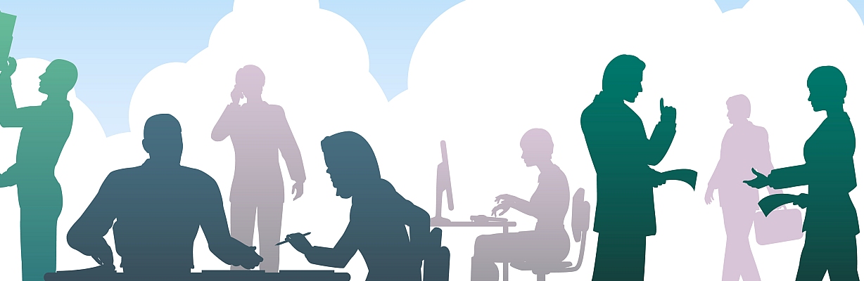 Illustration: Männer und Frauen arbeiten in einem Büro.