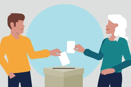 Illustration mit zwei Menschen, die ihren Wahlzettel in eine Urne werfen.