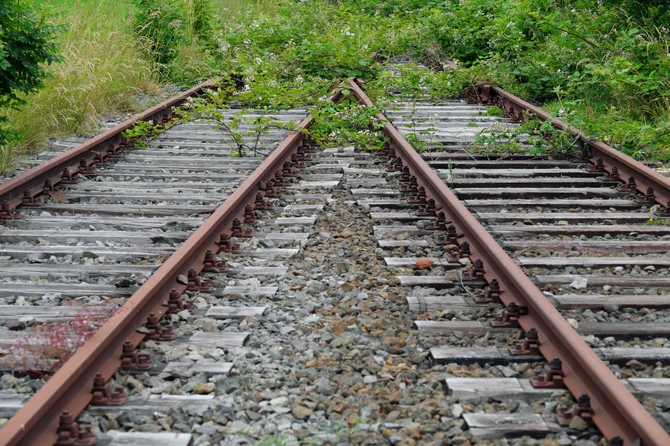 Stillgelegte Bahnschienen Verlassene und nicht mehr genutzte Bahnschienen, die durch eine Landschaft führen.