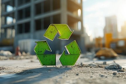 Foto: Pfeil-Kreis-Symbol für Recycling, im Hintergrund mit Weichzeichner eine Gebäude-Baustelle. KI-generiert