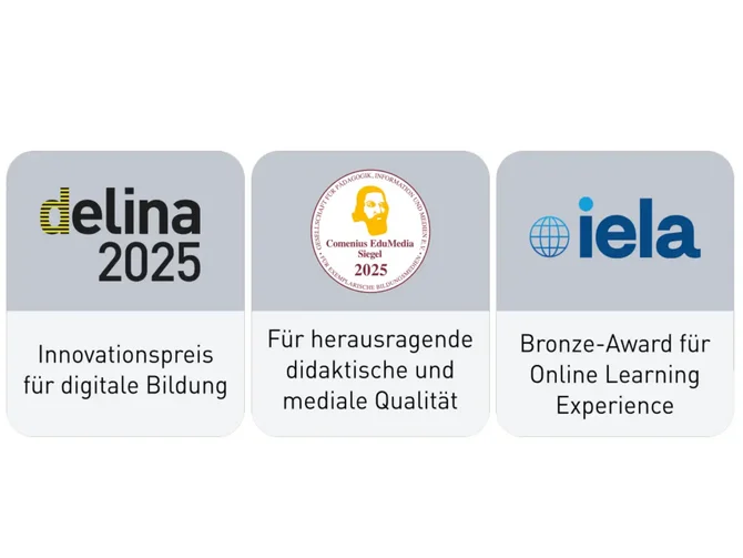 Auszeichnungen für E-Learning Drei Darstellungen von Auszeichnungen im Zusammenhang mit digitalen Lernangeboten und E-Learning-Plattformen.