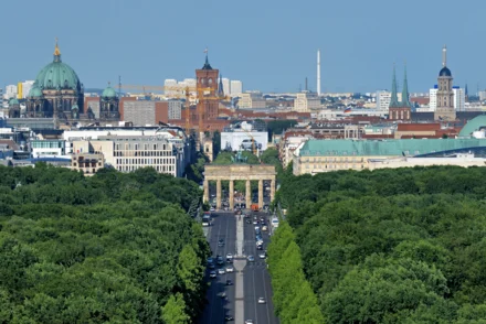 Luftperspektive auf die Straße des 17. Juni mit Brandenburger Tor, Berliner Dom und Stadtpanorama