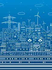 Zertifikatslehrgang Kommunaler Energiebeauftragter Diese Illustration zeigt ein städtisches Panorama im blauen Vektordesign mit weißen Linien und verschiedenen Infrastrukturelementen.