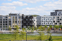 Foto des neuen nachhaltigen Wohnquartiers am Neckarbogen in Heilbronn mit Grünanlagen im Vordergrund..