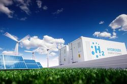 Fotomontage von Solarpanelen, Windenergieanlagen und Wasserstoffspeicher