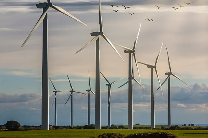 Windkraftanlagen und Vogelschutz Windkraftanlagen in einer Landschaft im Zusammenhang mit erneuerbarer Energie und dem Schutz von Vögeln.