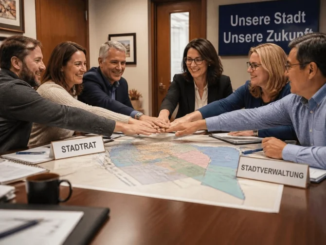Vertreterinnen und Vertreter von Stadtverwaltung und Stadtrat an einem Tisch.