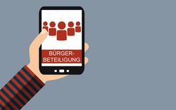 Hand mit Smartphone: Bürgerbeteiligung - Flat Design