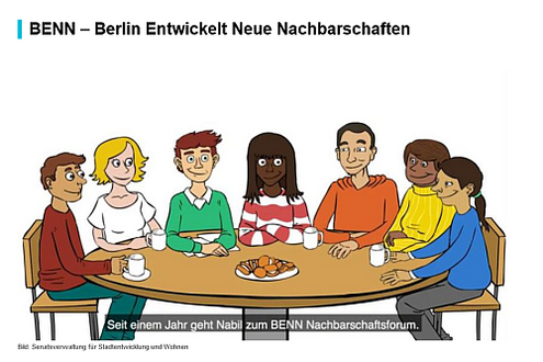 BENN - Bild aus dem Erklärfilm - Menschen unterschiedlicher Herkunft an einem runden Tisch