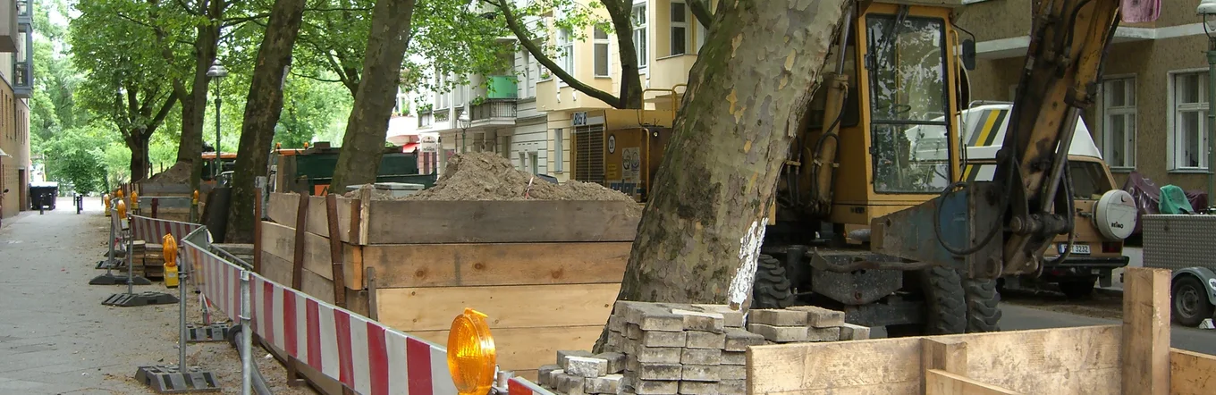 Straßenbaustelle mit Bagger und rot-weißen Absperrungen entlang einer Allee