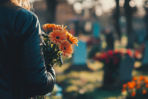 Friedhofsbesucherin mit Blumen