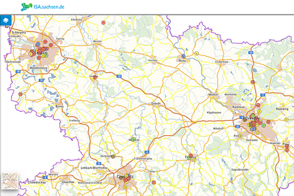 Screenshot des Infrastrukturatlas Sachsen auf https://isa.sachsen.de