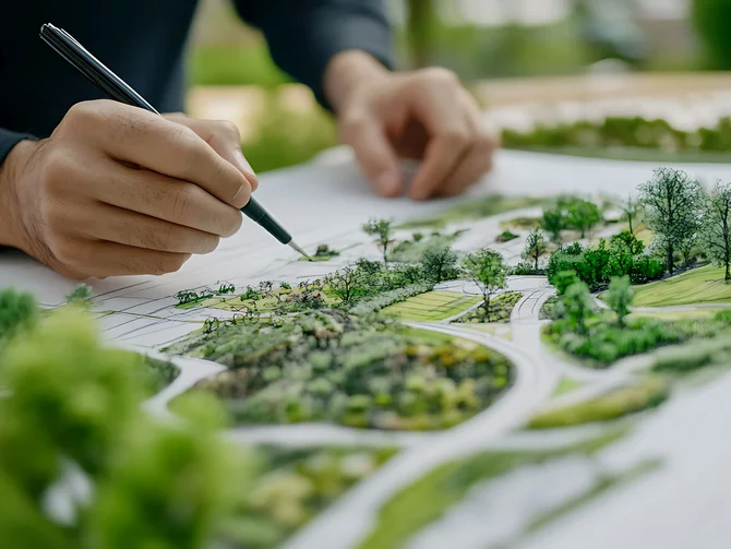 vhw–BDLA Kooperation Eine Person erstellt mit einem Stift eine grüne Landschaft.