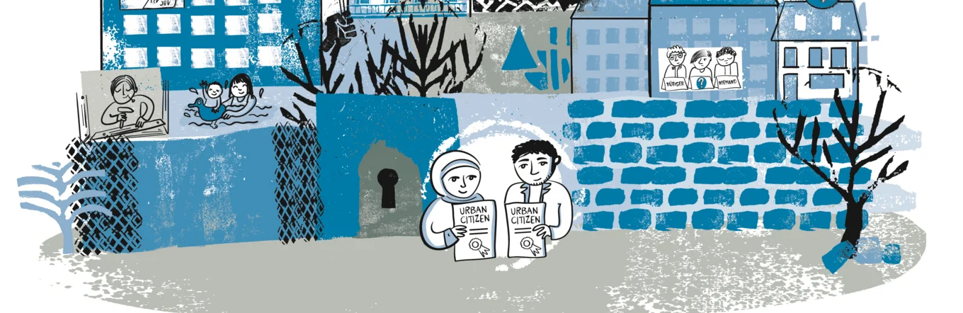 Illustration einer Stadt mit zwei Menschen, die einen Ausweis tragen, der sie als Urban Citizen ausweist.