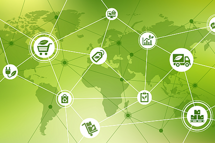 Schaubild zum Lieferketten-Netz, global und nachhaltig.