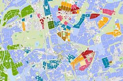 Eine bunte Karte, die zur Stadt und Regionalplanung dient und bestimmte Gebiete hervorhebt.