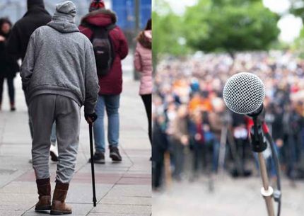 Splitscreen: Fotos eines Menschen mit Gehhilfe und einer Menschenmenge vor einem Mikrophon 