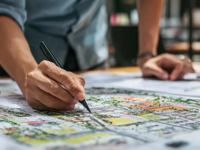 stadtentwicklung-und-stadtplanung-c-justlight-adobestock Nahaufnahme einer Hand beim Einzeichnen in einen farbigen Stadtentwicklungsplan auf einem Schreibtisch