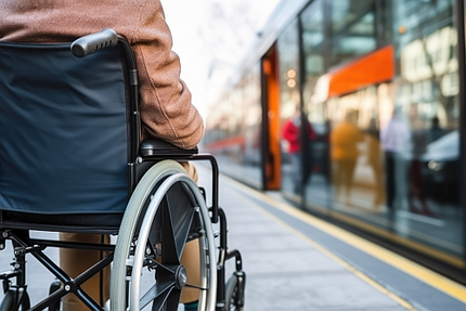 Rollstuhlfahrerin auf einem barrierefrei gebauten Bahnsteig neben einer haltenden modernen Straßenbahn mit geöffneter Tür..