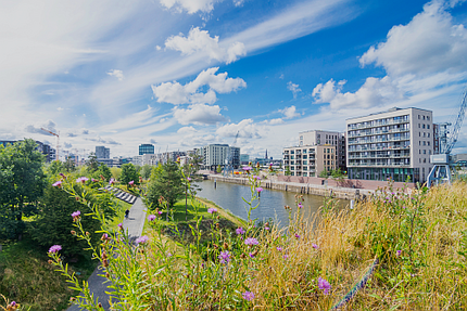 Foto vom Baakenpark Richtung Hamburger Hafencity – Wohnen am Wasser