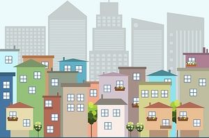 Bild zur Illustration des Themas Miet- und Wohnungseigentumsrecht: Stadt, im Vordergrund mit Wohnhäuseren im Hintergrund Bürogebäuden