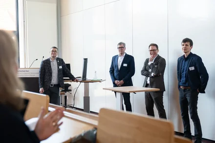 Christian Burgart, Prof. Dr. Oliver Junk, Dr. Domenik Lück und Christian Höcke (v. l.) in Halberstadt 