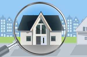 Illustration einer Lupe, die ein Haus untersucht als Symbolbild für eine Immobilienbewertung