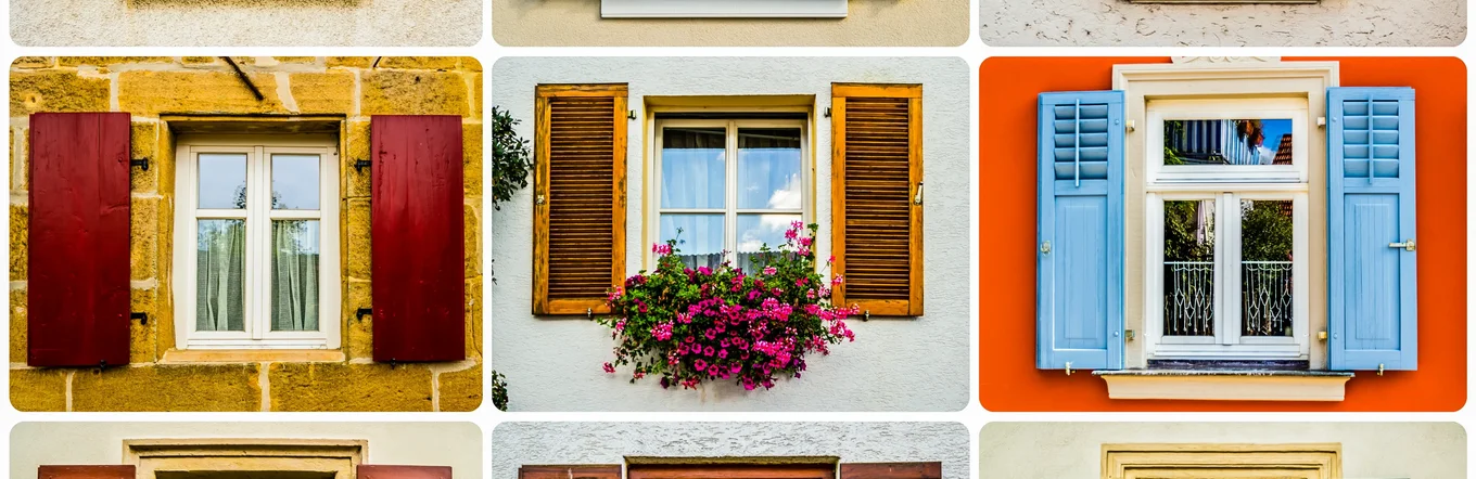 Neun verschiedene Fenster mit farbigen Fensterläden in unterschiedlichen Farben und Stilen auf Wohnhausfassaden.