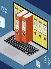 Zertifikatslehrgang Digitalisierungsbeauftragter Ein Laptop, aus dessen Bildschirm zwei Ordner hervorkommen.