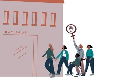 Die Illustration zeigt ein Rathaus, auf das Frauen zugehen, eine davon im Rollstuhl.