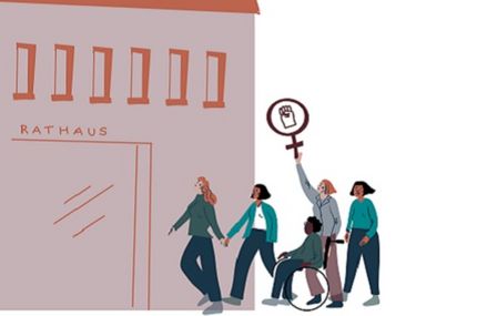 Die Illustration zeigt ein Rathaus, auf das Frauen zugehen, eine davon im Rollstuhl.