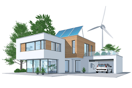 Illustration von energieeffizientem Wohnhausneubau mit Ladestation 