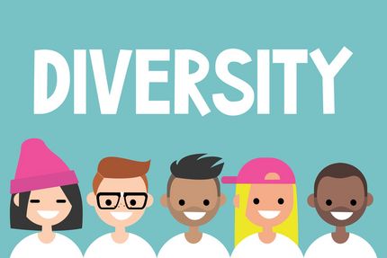 Eine Zeichnung von Menschen mit unterschiedlichert Hautfarbe, darüber steht "Diversity"