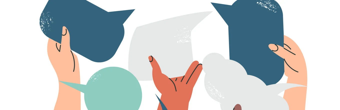 Bunte Illustration diverser erhobener Hände mit Sprechblasen auf weißem Hintergrund