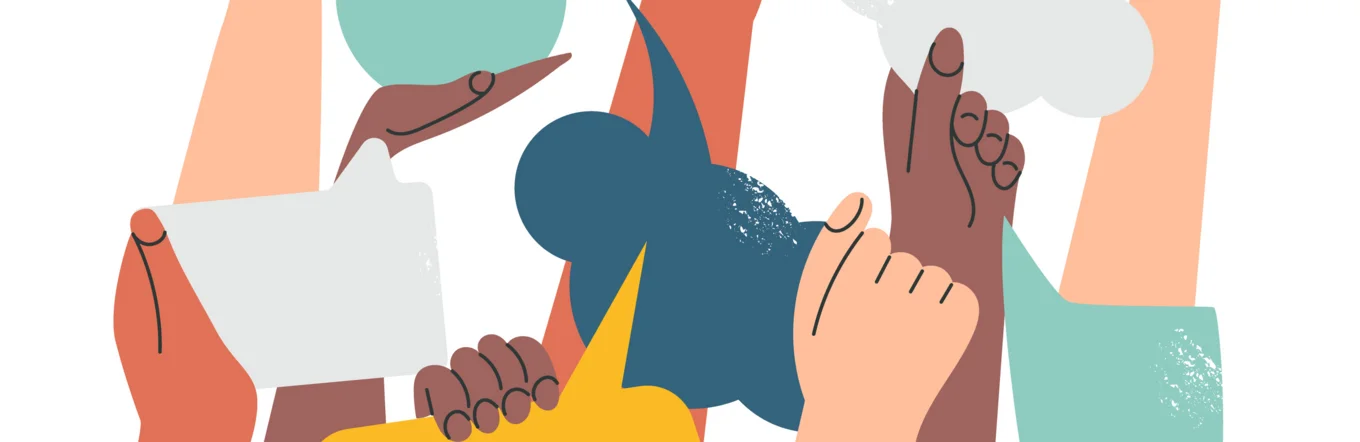 Bunte Illustration diverser erhobener Hände mit Sprechblasen auf weißem Hintergrund
