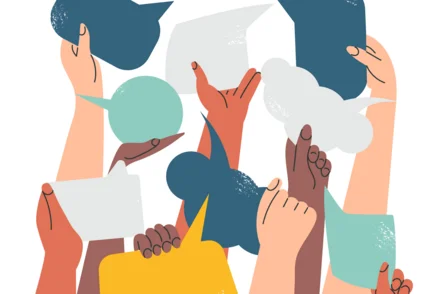 Bunte Illustration diverser erhobener Hände mit Sprechblasen auf weißem Hintergrund
