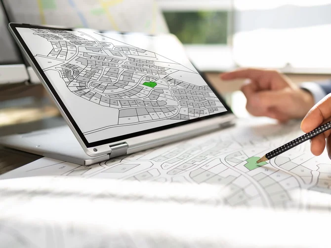 bodenrecht-liegenschaftsrecht-immobilienbewertung-c-andrey-popov-adobestock Planer markiert Grundstück auf Bebauungsplan mit Stift, digitaler Plan auf Tablet daneben