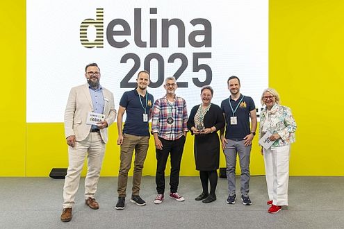 Foto von der Preisverleihung des Innovationspreises "delina 2025" auf der Messe Learntec am 8. Mai 2025 in Karlsruhe