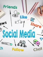 Zertifikatslehrgang Social Media Managerin Diese Abbildung veranschaulicht ein Social-Media-Marketingkonzept und zeigt verschiedene Plattformsymbole sowie Begriffe wie „Friends“, „Like“ und „Share“.