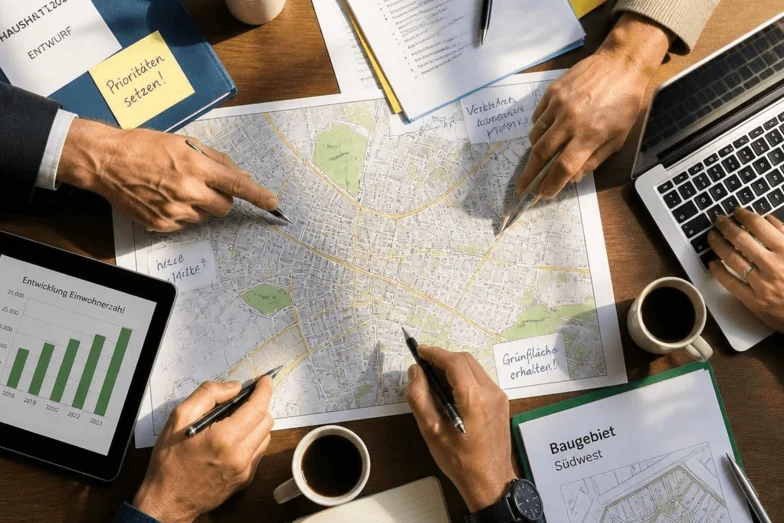 Kommunale Vertreter diskutieren über einen Stadtplan.