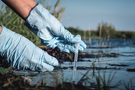 Forscherin mit Schutzhandschuhen nimmt Wasserprobe auch einem Gewässer