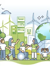 Zertifikatslehrgang Stadtentwicklung Dieses Bild zeigt ein Vektor-Konzept für eine nachhaltige, grüne Stadt mit ökologischer Energienutzung und einer vielfältigen Gemeinschaft.