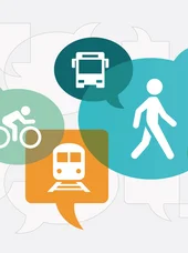 Zertifikatslehrgang Mobilitätsmanager Diese Grafik illustriert verschiedene nachhaltige Mobilitätskonzepte und Verkehrsarten durch stilisierte Symbole.