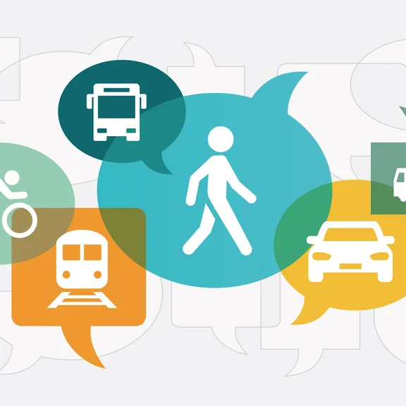 Zertifikatslehrgang Mobilitätsmanager Diese Grafik illustriert verschiedene nachhaltige Mobilitätskonzepte und Verkehrsarten durch stilisierte Symbole.