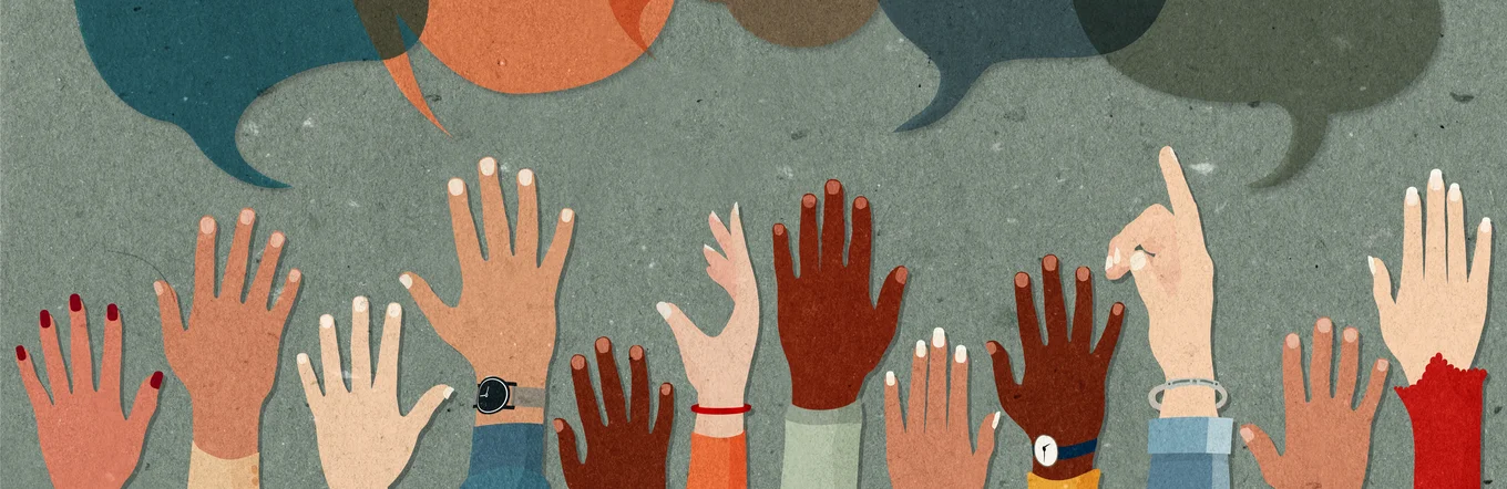 Diverse erhobene Hände mit Sprechblasen symbolisieren kollektive Stimme und politische Partizipation.