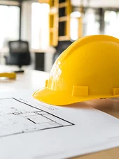 Zertifikatslehrgang Fachkraft Technisches Gebäudemanagement Ein Bauplan auf Papier, auf dem ein Bauarbeiterhelm abgelegt wurde.