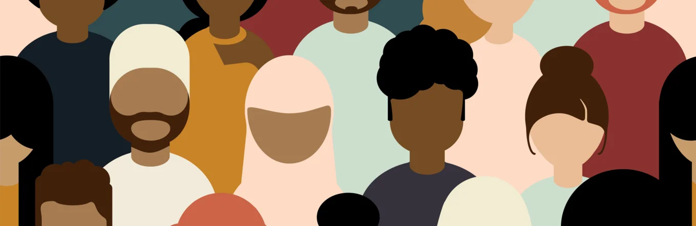 Illustration einer diversen Menschenmenge mit verschiedenen Hautfarben, Frisuren und Kopfbedeckungen