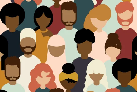 Illustration einer diversen Menschenmenge mit verschiedenen Hautfarben, Frisuren und Kopfbedeckungen