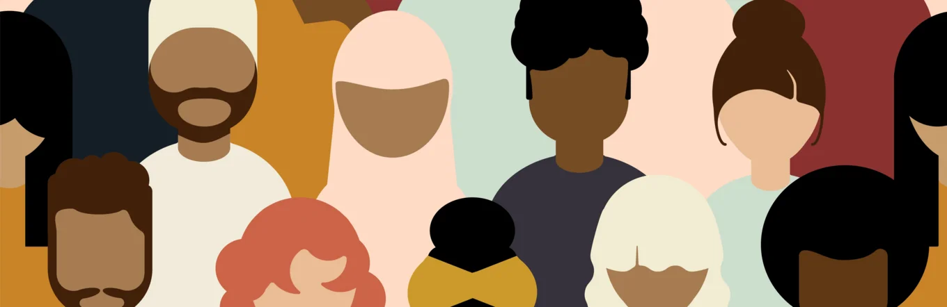 Illustration einer diversen Menschenmenge mit verschiedenen Hautfarben, Frisuren und Kopfbedeckungen