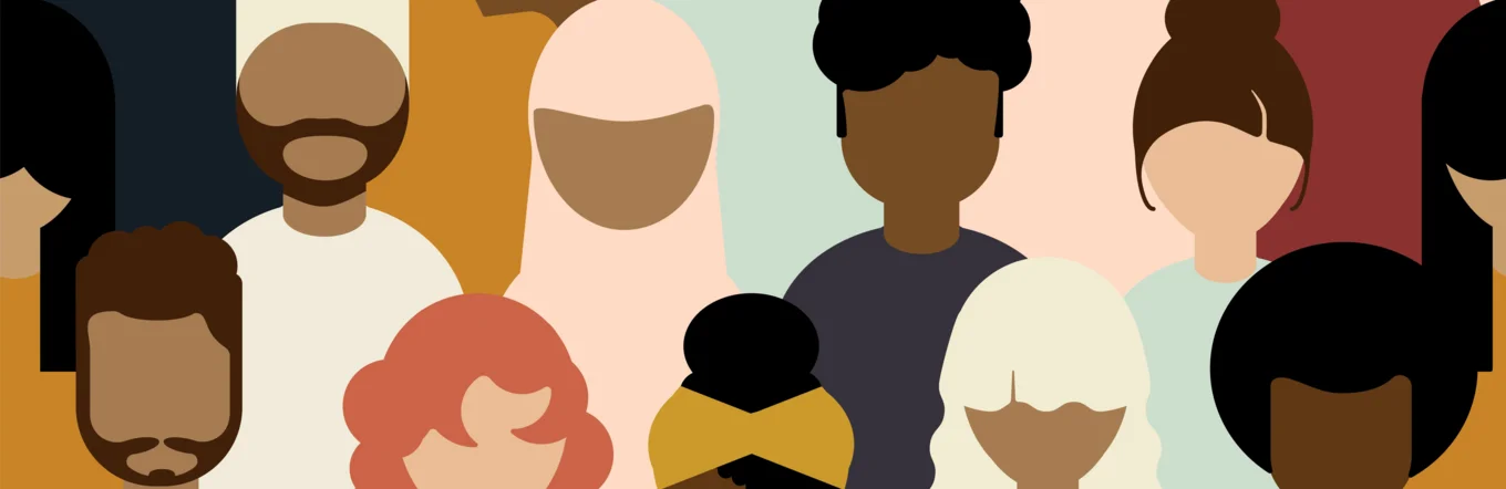 Illustration einer diversen Menschenmenge mit verschiedenen Hautfarben, Frisuren und Kopfbedeckungen